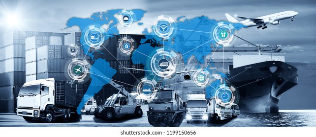 World map with logistic network distribution on background. Logistic and transport concept in front Container Cargo freight ship for Concept of fast or instant shipping, Online goods orders worldwide