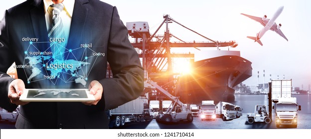 World map with logistic network distribution on background. Logistic and transport concept in front Industrial Container Cargo freight ship for Concept of fast or instant shipping, Online goods orders