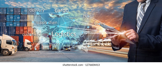 World map with logistic network distribution on background. Logistic and transport concept in front  Container Cargo freight ship for Concept of fast or instant shipping, Online goods orders worldwide