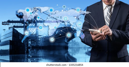 World map with logistic network distribution, Logistic and transport concept in front Industrial Container Cargo freight ship for Concept of fast or instant shipping, Online goods orders worldwide