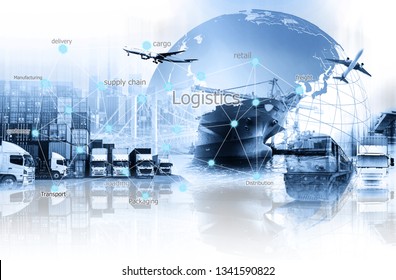 World map with logistic network distribution on background. Logistic and transport concept in front  Container Cargo freight ship for Concept of fast or instant shipping, Online goods orders worldwide