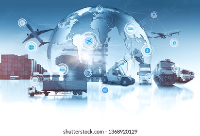 World map with logistic network distribution on background. Logistic and transport concept in front Container Cargo freight ship for Concept of fast or instant shipping, Online goods orders worldwide