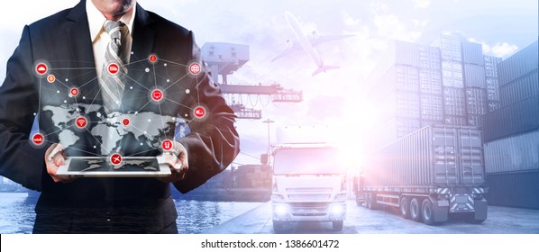 World map with logistic network distribution, Logistic and transport concept in front Industrial Container Cargo freight ship for Concept of fast or instant shipping, Online goods orders worldwide