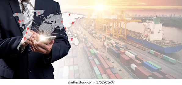 World map with logistic network distribution, Logistic and transport concept in front Industrial Container Cargo freight ship for Concept of fast or instant shipping, Online goods orders worldwide