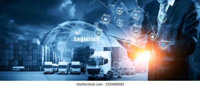 World map with logistic network distribution on background. Logistic and transport concept in front Container Cargo freight ship for Concept of fast or instant shipping, Online goods orders worldwide
