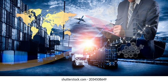 World map with logistic network distribution on background. Logistic and transport concept in front Container Cargo freight ship for Concept of fast or instant shipping, Online goods orders worldwide