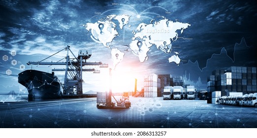 World map with logistic network distribution on background. Logistic and transport concept in front Container Cargo freight ship for Concept of fast or instant shipping, Online goods orders worldwide