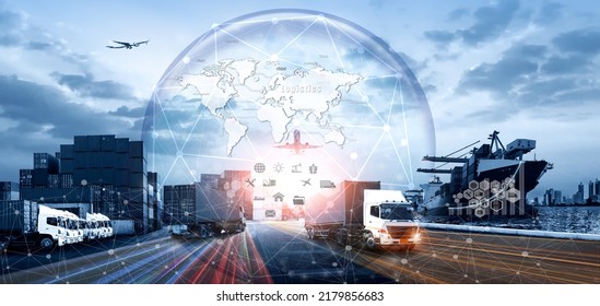 World map with logistic network distribution on background. Logistic and transport concept in front Container Cargo freight ship for Concept of fast or instant shipping, Online goods orders worldwide