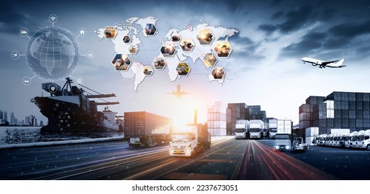World map with logistic network distribution on background. Logistic and transport concept in front Container Cargo freight ship for Concept of fast or instant shipping, Online goods orders worldwide