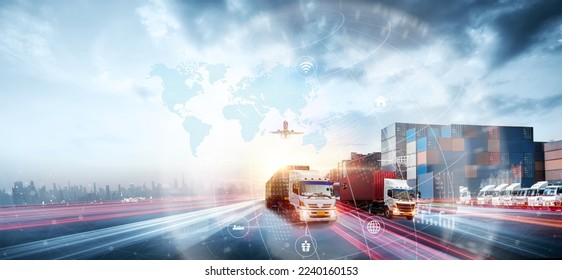 World map with logistic network distribution on background. Logistic and transport concept in front Container Cargo freight ship for Concept of fast or instant shipping, Online goods orders worldwide