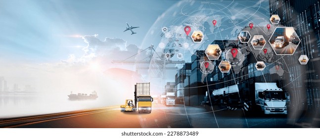 World map with logistic network distribution on background. Logistic and transport concept in front Container Cargo freight ship for Concept of fast or instant shipping, Online goods orders worldwide