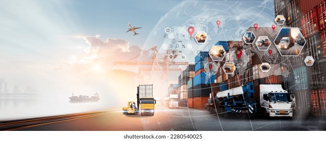 World map with logistic network distribution on background. Logistic and transport concept in front Container Cargo freight ship for Concept of fast or instant shipping, Online goods orders worldwide