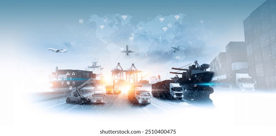 World map with logistic network distribution on background. Logistic and transport concept in front Logistics Industrial Container Cargo freight ship for Concept of fast or instant shipping