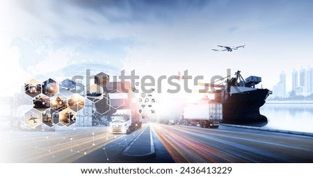 World map with logistic network distribution on background. Logistic and transport concept in front Container Cargo freight ship for Concept of fast or instant shipping, Online goods orders worldwide