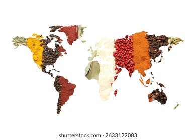 World map made of different aromatic spices on white background