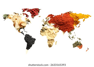 World map made of different aromatic spices on white background