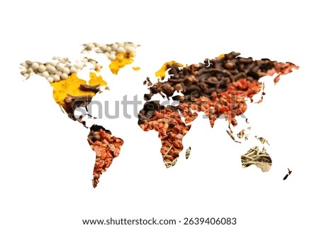 World map made of different aromatic spices on white background