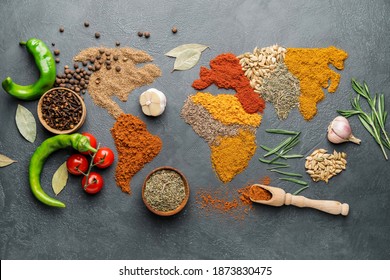 World map made of different spices on grey background
