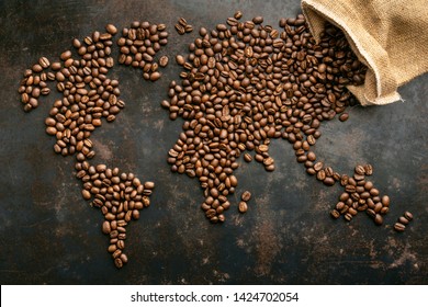 World map made of roasted coffee beans with compass, top view - Shutterstock ID 1424702054