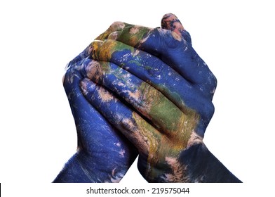 a world map in man hands forming a globe (Earth map furnished by NASA) - Shutterstock ID 219575044