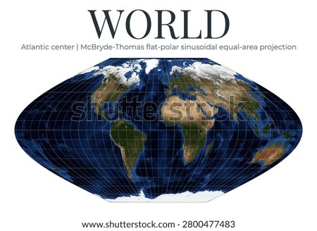 World Map in McBryde-Thomas flat-polar sinusoidal equal-area projection. Atlantic-centered view. Detailed physical map of Earth. April View. Elements of this image furnished by NASA.