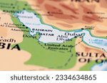 world map of middle east countries with close up focus qatar, bahrain and united arab emirates, dubai abu dhabi