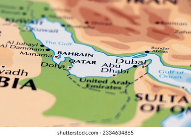 world map of middle east countries with close up focus qatar, bahrain and united arab emirates, dubai abu dhabi - Shutterstock ID 2334634865