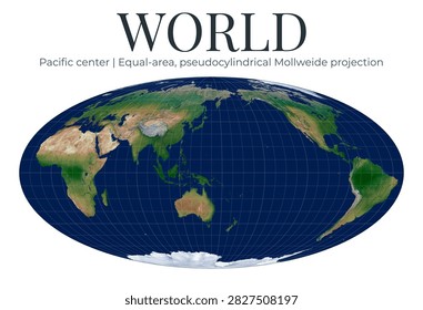 World Map, Mollweide projection. Equal-area pseudocylindrical earth display. Pacific center at latitude 0 and longitude 150. High detail cartography imagery.