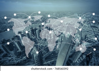 world map with network and connection concept with cityscape as background, business concept, vintage style process