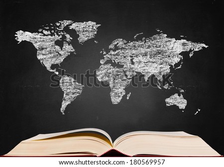 World map  on blackboard popup from book