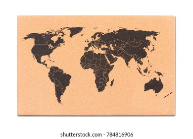 World Map On Cork Board Texture Isolate On White Background With Clipping Path