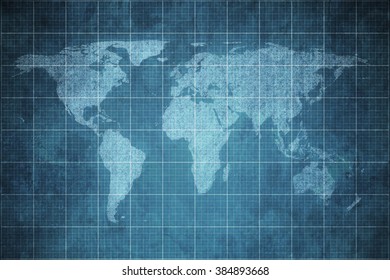 world map on old blueprint background texture.