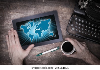 World Map On A Tablet, Concept Of Globalisation