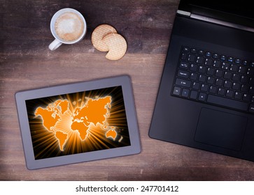 World map on a tablet, concept of globalisation