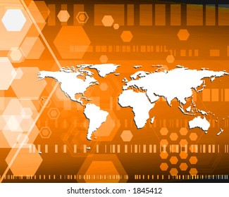 World map in orange with hexagons.