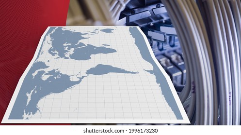 World map over close up of computer server against against red technology background. cyber security and data storage technology concept