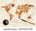 World map painted espresso with watercolor brush. Coffee motif.