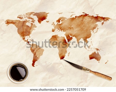 World map painted espresso with watercolor brush. Coffee motif.