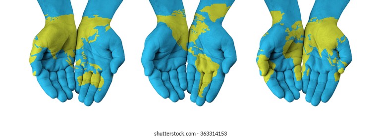 World map painted on hands isolated on white