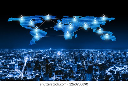 World Map Pin Flat Of City, Global Business And Network Connection Lines In Futuristic Technology Concept In Smart Urban City In Asia. Skyscraper And High-rise Buildings At Night In Bangkok, Thailand