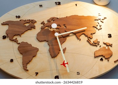 World map plane time zone, second hand clock, hours flight across continents. Concept of jet lag, acclimatization, adaptation, biorhythms. Intercontinental flight America, Europe, Asia, Africa world