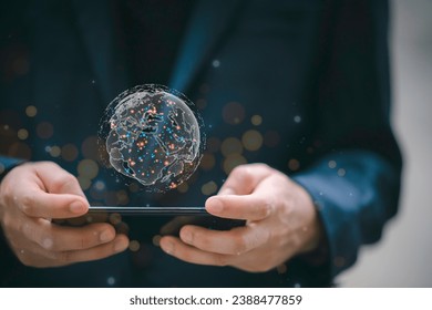 World map point and line composition concept of global business. Digital link tech.businessman holding Global network connection. Big data analytics and business intelligence concept.