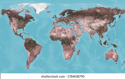 World Map In Satellite Picture, Flat Projection Of Globe, Planisphere. Oceans And Detailed Continents Of Africa, America On Physical Map, Earth View From Space. Elements Of Image Furnished By NASA.