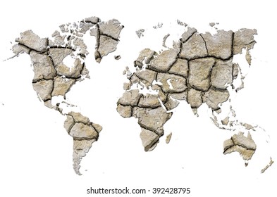 World map screen on dry clay texture, concept for global warming isolated with path, Elements of this image furnished by NASA.