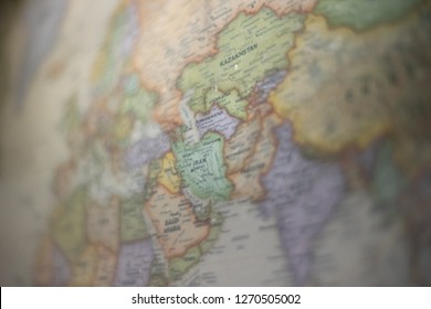 world map selective focus on Kazakhstan and Iran