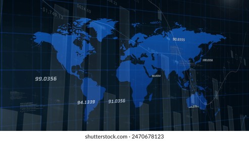 World map showing numerical data across continents. Blue and black background emphasizing economic figures, creating visual impact