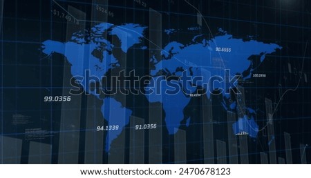 World map showing numerical data across continents. Blue and black background emphasizing economic figures, creating visual impact
