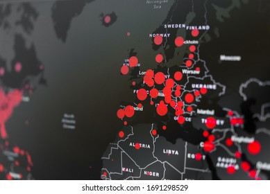 World Map Showing The Spread Of Coronavirus Covid-19 Pandemic Virus, Focus On Europe