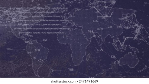 World map shows numerical data and connection lines across continents. Lines and numbers suggesting data flow or communication between global regions