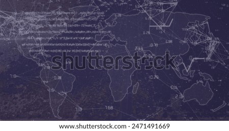 World map shows numerical data and connection lines across continents. Lines and numbers suggesting data flow or communication between global regions
